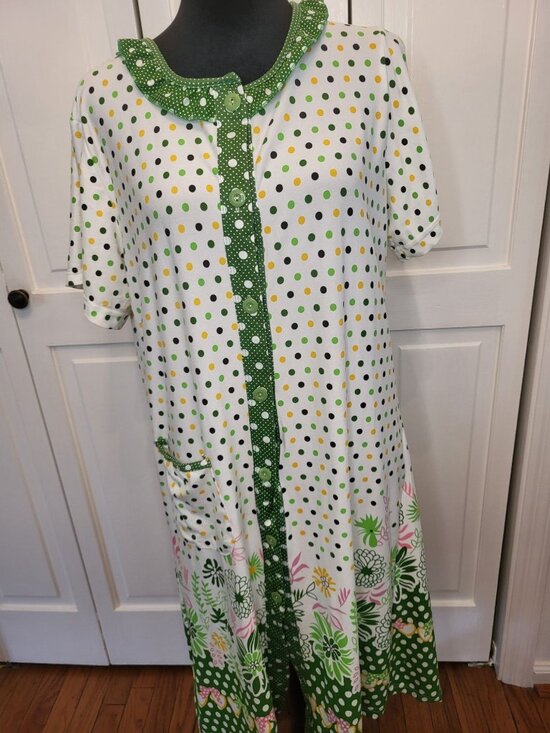 S. Christina Other - S Christina Yellow Green Polka Dot Floral Button Up House Dress Robe L Trad Wife